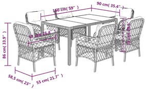 7 pcs conjunto de jantar p/ jardim c/ almofadões vime PE cinza