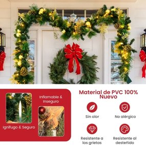 Grinalda de Natal Artificial 270 cm Pré-iluminada com Luzes LED Brancas Quentes para a Porta Principal, Escadas e Lareira Verde