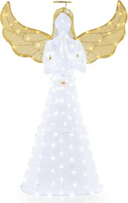 Anjo natal pré-iluminado de 155 cm Decoração de jardim iluminada com asas em forma de auréola e 150 luzes LED Figura de Natal com asas Flanges e estac