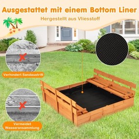 Caixa de areia para crianças com bancos de madeira, tampa e feltro para o chão, 120 x 120 cm  Natural