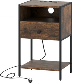 Mesa de cabeceira, mesa apoio 40 x 32 x 65 cm com estação de carregamento com Compartimento aberto Gaveta castanho rustica e preta