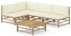 5 pcs conj. lounge p/ jardim em bambu c/ almofadões branco nata
