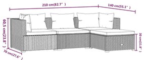 4 pcs conjunto lounge de jardim c/ almofadões vime PE preto