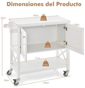 Carrinho de cozinha móvel com armário de arrumação, toalha e prateleira para especiarias Mesa de ilha para cozinha, bar e sala de jantar 100 x 38 x 87