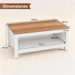 Mesa de Centro, 105 x 60 x 46 cm, Arrumação Dupla, Natural e Branco