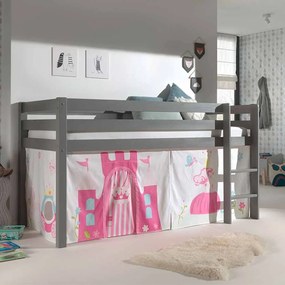 Conjunto Cama alta de Criança PINO 90 x 200 cm + estrado + escada + cortina Princesa Cinzenta
