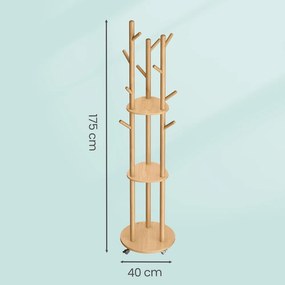 Cabide com 11 ganchos e 3 prateleiras 40 cm (diâmetro), 175 cm (altura), 4 rodas giratórias e amovíveis cor natural