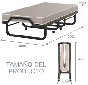 Cama dobrável com colchão de espuma viscoelástica Rodas Estrutura de metal Cama portátil para hóspedes 200 x 80 x 46 cm Bege