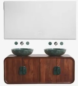 Conjunto De Móvel De Casa De Banho Dupla Suspensa 130x45 Cm Em Madeira De Manga E Pedra Natural Kivalina Retangular Led E Anti-embaciamento 140x75 Cm