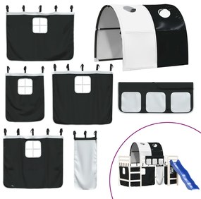 Cama alta criança c/ túnel 90x200 cm pinho maciço branco/preto