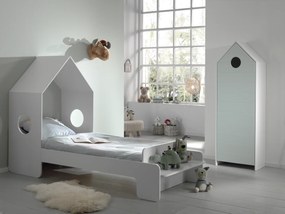 Conjunto cama infantil CASAMI (90x200) + Estrado + Guarda Roupa 1 Porta Branco e Menta