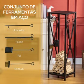 Suporte para Lenha em Metal – 34x34x111 cm | Com Ganchos e Ferramentas