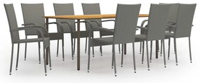 9 pcs conjunto de jantar para jardim vime PE cinzento