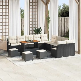 Conjunto de Sofá de Jardim vidaXL 14 Peças com Almofadas Preto Vime Poliéster Acácia