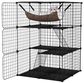 Cercado grande para gatos de 4 andares com escadas de rede confortáveis ​​e portas - Preto