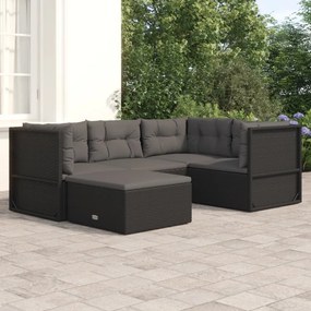 vidaXL 5 pcs conjunto lounge de jardim c/ almofadões vime PE preto