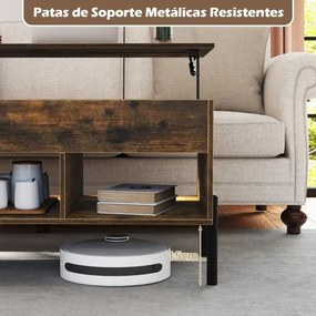 Mesa de centro 100 x 50 x 45 cm elevável com tampo ajustável, amplo compartimento oculto e 3 espaços abertos, com pés em metal Café