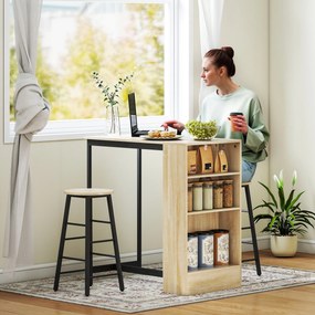 Conjunto de mesa de bar com bancos, compartimentos abertos, prateleira ajustável e apoio para os pés, em carvalho e preto