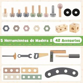 Bancada de ferramentas 2 em 1 de madeira para crianças 75 x 30 x 84,5 cm com acessórios realistas, para maiores de 3 anos Madeira