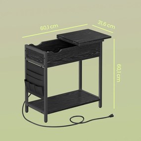 Mesa de apoio, mesa de cabeçeira 60 x 31,5 x 60 cm com tomadas e portas USB preta