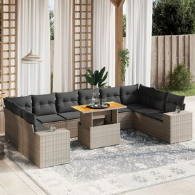 11 pcs conjunto sofás de jardim c/ almofadões vime PE cinzento