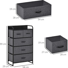 Cómoda de Arrumação, 58 x 29 x 99 cm, 5 Gavetas Dobráveis em Tecido, Cinzento