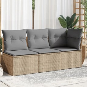 vidaXL Sofá de jardim de 3 lugares com almofadões vime PE bege