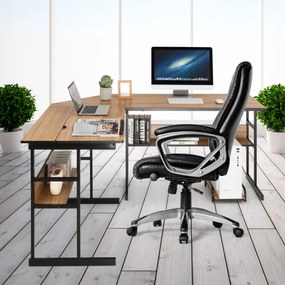 Mesa moderna de escritorio em forma de L, mesa de design inclinado com estrutura metálica inferior Castanho Claro