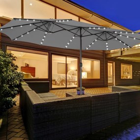 Guarda-sol dupla face de 470 cm com base Areia e 48 luzes LED Painel solar de carregamento automático Mecanismo de manivela Cinzento