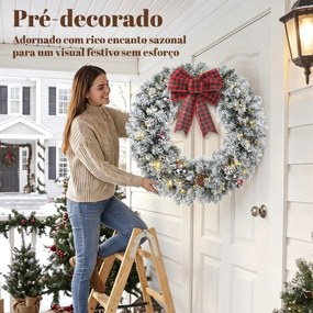 Coroa de Natal para Porta com Efeito Nevado, 50 Luzes LED, Pinhas, Bagas e Laço Festivo para Lareira, Parede ou Janela