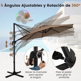 Guarda-sol redondo jardim 294 x 247 cm Guarda-sol suspenso com rotação de 360° Base cruzada 5 inclinações ajustáveis Castanho