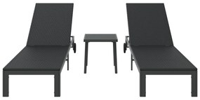Espreguiçadeiras 2 pcs com Rodas e Mesa em Rattan Preto