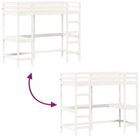 Cama alta com secretária 90x190 cm pinho maciço branco