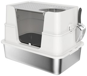 PawHut Caixa de Areia para Gatos de Aço Inoxidável XL com Tampa Abatível Entradas Altas Pá Antifugas 60,2x40,2x44,5 cm Cinza Claro | Aosom Portugal