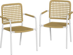 Outsunny Conjunto de 2 Cadeiras de Jardim Empilháveis em Resina Trançada com Apoios de Braço e Encosto, 55x57x82cm, Amarelo | Aosom Portugal