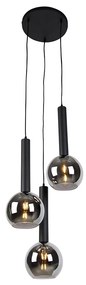 Candeeiro suspenso moderno preto com vidro fumado 3 luzes - Clayton