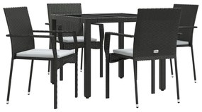 5 pcs conjunto de jantar p/ jardim c/ almofadões vime PE preto