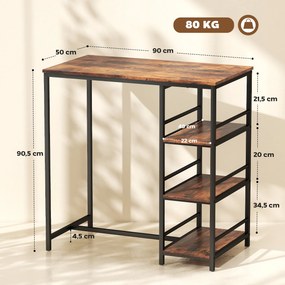 Mesa de bar alta com 3 prateleiras de arrumação e estrutura em aço (BANCOS NÃO INCLUIDOS), 90 x 50 x 90,5 cm, castanho rústico, preto