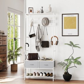 Móvel Cabide de Entrada com Banco Sapateira 8 Ganchos 2 Gavetas de Tecido Barra Prateleira 80x30x180,5 cm Branco e Cinza