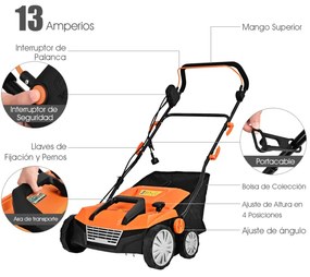 Escarificador elétrico 2 em 1 com cabo de 13 amperes Capacidade do saco de 13 amperes 50L Capacidade do saco ajustável em 4 posições e 2 lâminas amoví