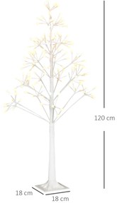 HOMCOM Árvore de Bétula Altura 120cm com 168 Luzes LED IP44 Branco Quente Ramos Flexíveis e Base de Candeeiro Árvore de Decoração de Natal para Festas Aniversários Casamentos 18x18x120cm Branco