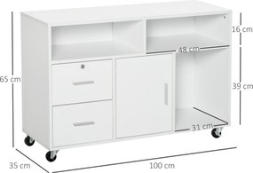 Suporte para impressora com 2 gavetas 100 x 35 x 65 cm, móvel de arrumação com rodas, prateleiras abertas e armário, branco