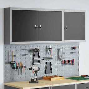 Conjunto de Armário de Ferramentas e Painel de Ferramentas de 5 Peças Montado na Parede Preto Metal