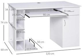 Secretária para escritório com prateleiras abertas Gabinete Suporte para CPU e bandeja removível 120x60x74 cm Branco