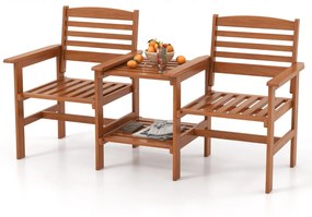 Sofá de jardim de 2 lugares com mesa de café em madeira com orifício para guarda-sol para jardim, piscina, varanda, terraço Castanho