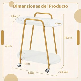 Mesa apoio com rodas 60 x 33,5 x 68,5 cm, 2 prateleiras, tampo em imitação de mármore, rodas com travão, Estrutura metálica, para quarto, cozinha ou s
