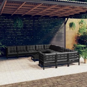 vidaXL 12 pcs conjunto lounge de jardim c/ almofadões pinho preto