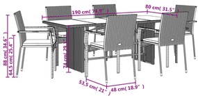 7 pcs conjunto de jantar p/ jardim c/ almofadões vime PE cinza