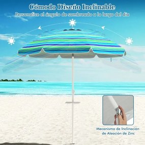 Guarda-sol de praia basculante portátil com suporte para copos e proteção solar UPF50+ para pátio exterior Piscina 2 x 2,2 m Azul+Verde
