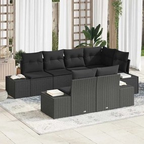 vidaXL Conjunto de Sofá de Jardim de 7 Peças com Almofadas Preto Rattan Poliéster